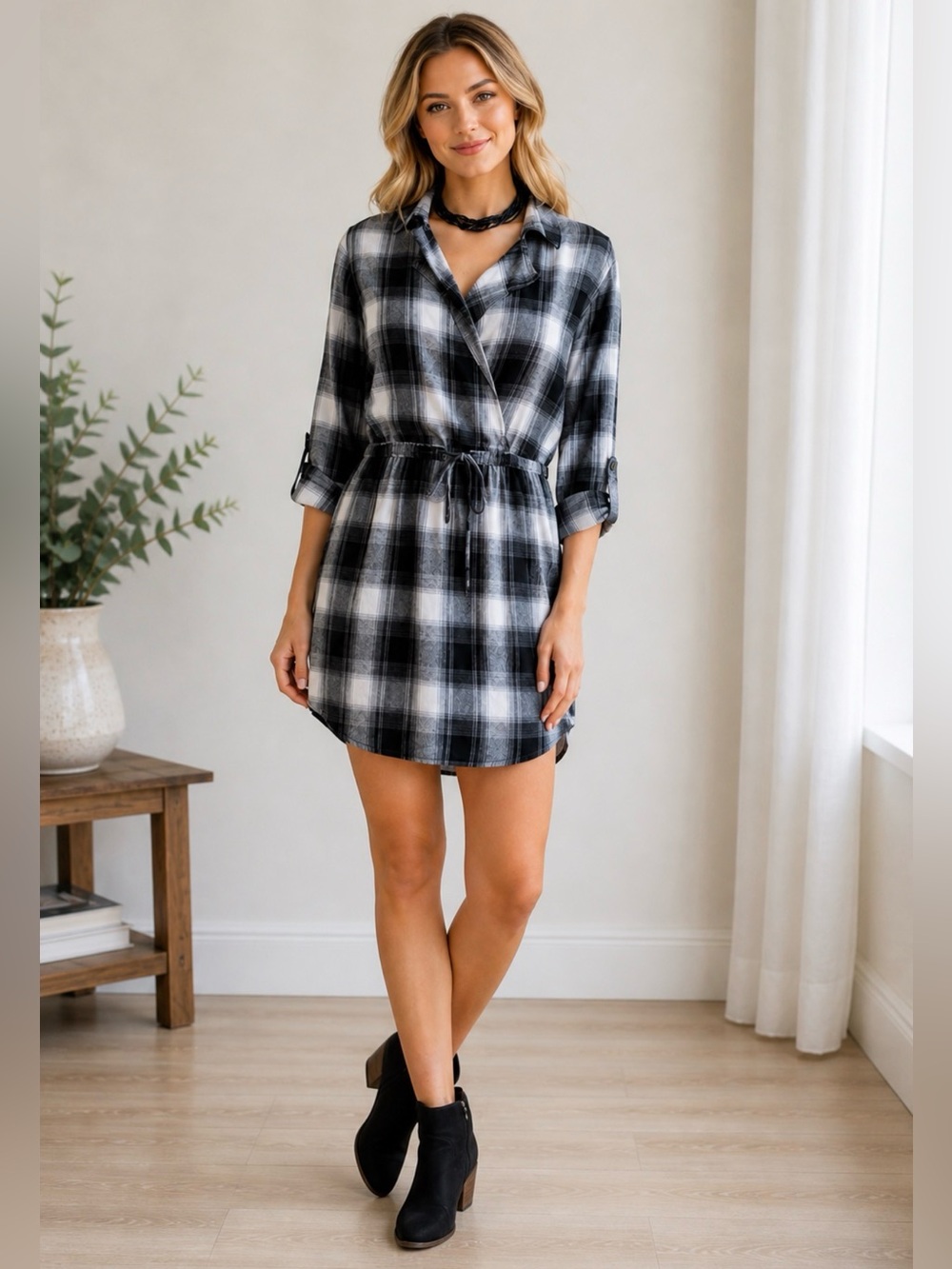 H&M Plaid Shirt Dress Gray Black Button Front Tie Waist Flannel Large